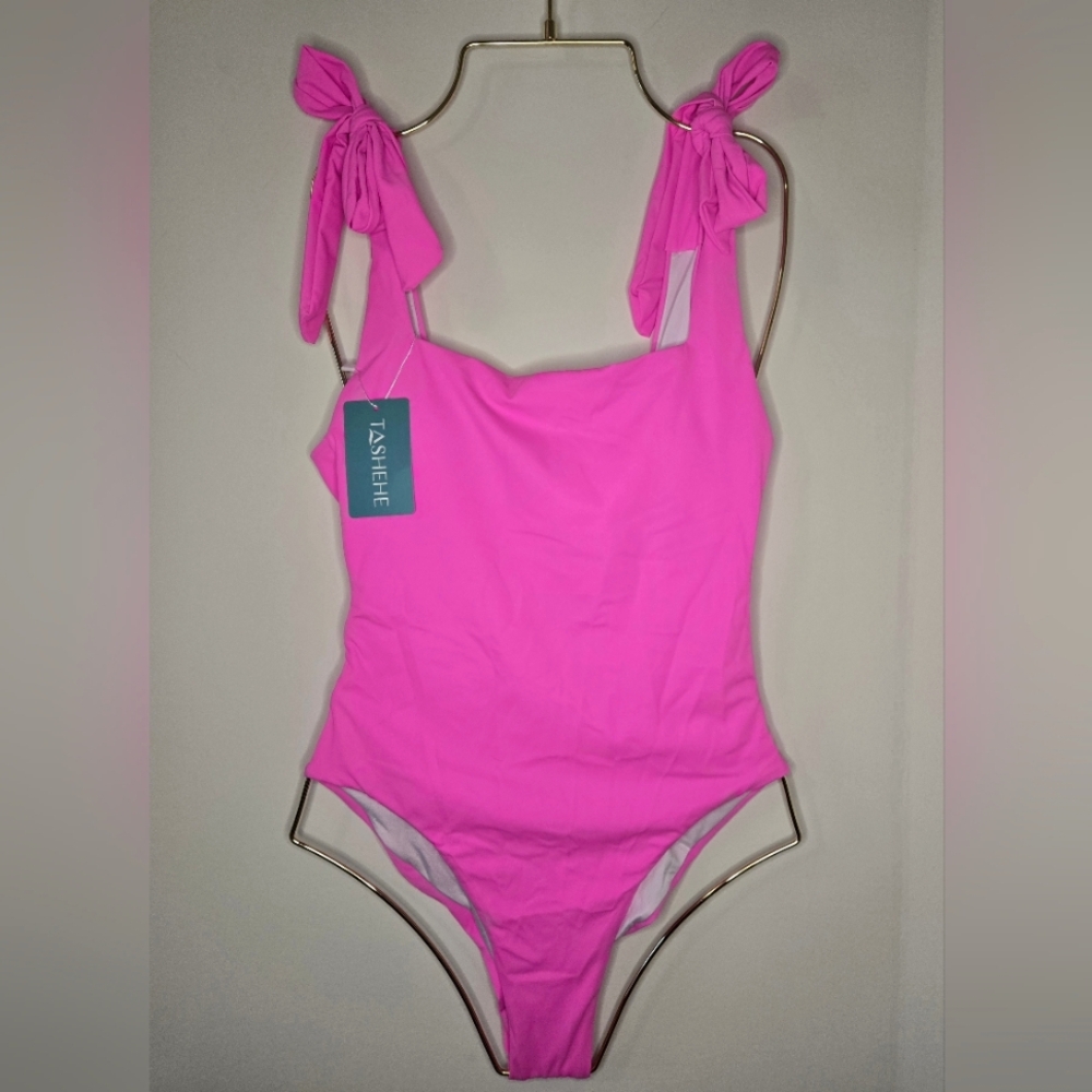TASHEHE Pink Swimsuit Bow Straps, Cheeky, High Cut, Size XL